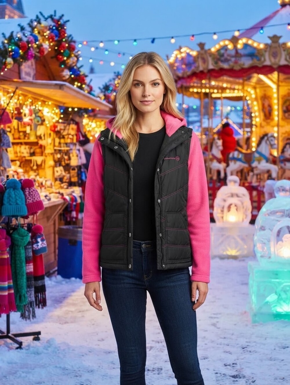Free Country Pink and Black Hooded Fleece-Lined Vest Jacket